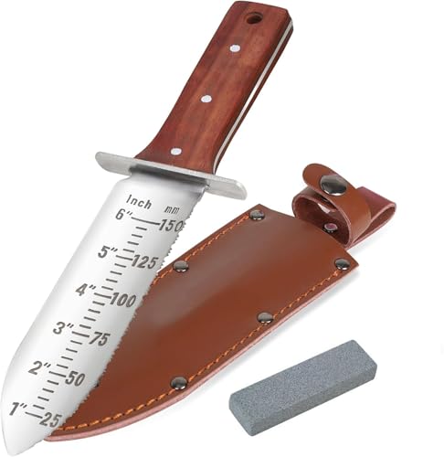 LANYOTA Bêche de jardin professionnelle – Truelle de jardin avec gaine en cuir et pierre à aiguiser, outil de jardinage durable en acier inoxydable (rouge)