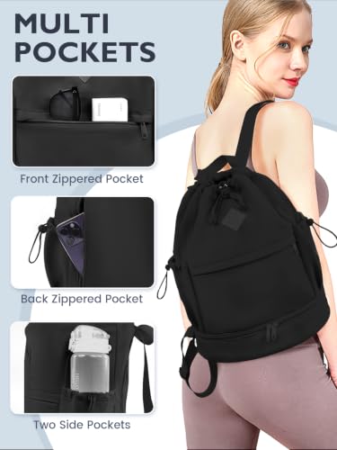 Image of RHDZO Drawstring Gym Backpack with Shoe Compartment and Wet Pocket, Black