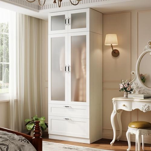 MEISSALIVVE 2 Door Wardrobe Cabinet with Hanging Rod & 2 Drawers, 85.9''H Armoire Wardrobe Closet with Frosted Glass, Wardrobe Clothes Storage Closet Cabinet with Top Cabinets for Bedroom, Wood Grain