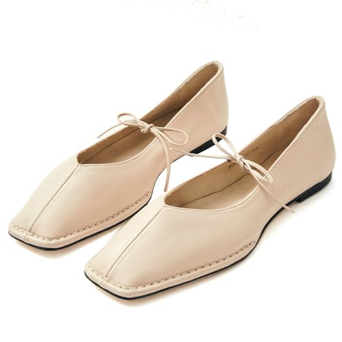 LUXMAX Square Toe Flats for Women Mary Jane Ballet Flats Ballerina Shoes Lace Up Pumps Low Heel Slip On Comfortable Shoes