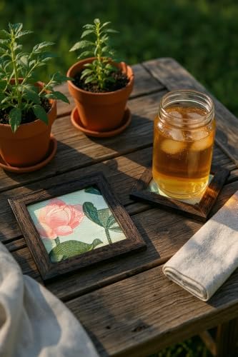 Image of Coaster | Wooden Square Shaped Frame | Stylish Ethnic Tabletop Design | Ideal for Home & Office | Perfect for Tea Cups, Coffee Mugs & Glasses (Lotus, Set of 2)