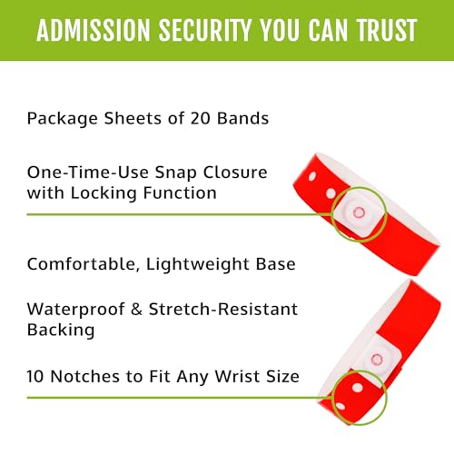 Image of 100 WristCo Neon Red Plastic Wristbands for Events - Extended Wear, Secure Snap Prevents Reuse - Premium-Grade Bracelets for Hospital & Medical ID, Party & VIP Identification (Pack of 2)