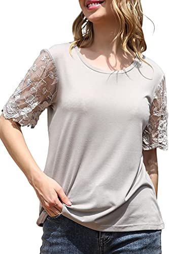 LOHILL Women's Lace Short Sleeve Round Neck T-Shirts Loose Casual Summer Blouse Tunic Tee Tops Grey