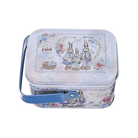 Kapoki Easter Rabbit Tin Box, Easter Biscuit Egg Storage Box - Empty Tinplate Container For Sweet Personalised For Children - Rabbit Rectangular Decorative Large Tin Gift Box With Handle, 10.5×8×6cm Cover