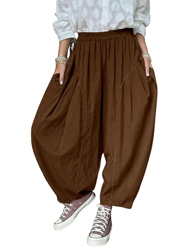 Himosyber Corduroy Pants for Women Casual Elastic Waist Lantern Slacks Loose Fit Baggy Trousers with Pockets