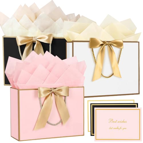 3Pcs Sacs Cadeaux Moyens pour Présent 20 x 10 x 28 cm, Sac Cadeau Mixte Moyen avec Poignée, 6 Feuilles de Papier de Soie et 3 Cartes, Ruban Noeud Sacs de Fête Anniversaire pour Demoiselle