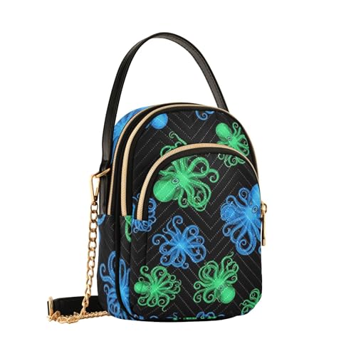 Vibrant Blue Green Octopuses Shoulder Handbags for Women Chain Wallet Cell Phone Purse Floral Print Ladies Tote Crossbody Satchel, 5.9" × 8.3" × 3.1"2