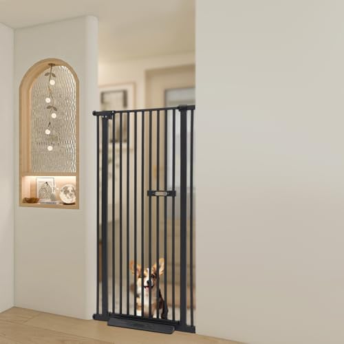 Türschutzgitter Treppenschutzgitter Ohne Bohren, Schließt Automatik Hundegitter Tür mit 2 Pedal und Abdeckung, Verlängerbar Hundegitter für Haustier Kleinen Haustieren Hunden Katzen (Schwarz, 150cm)