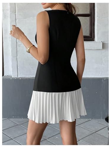 MakeMeChic Women's Color Block Tank Dress Square Neck Pleated Split Business Mini Dresses3