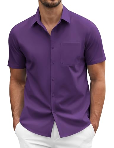 COOFANDY Mens Casual Dress Shirt Short Sleeve Business Attire Regular Fit Polyester Wrinkle Free Button Down Shirts with Pocket Dark Purple Large