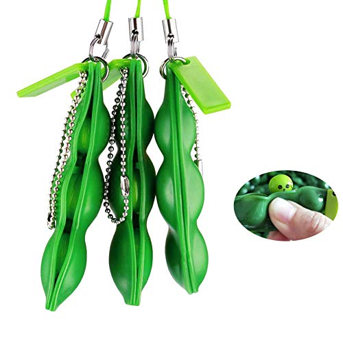 VJK 3 PCS Fidget Toy Set, Edamame Keychain Squeeze-a-Bean Soybean Edamame Stress Relieving Relief Anti-Anxiety Fun Bean Novelty Toy Gift Keys