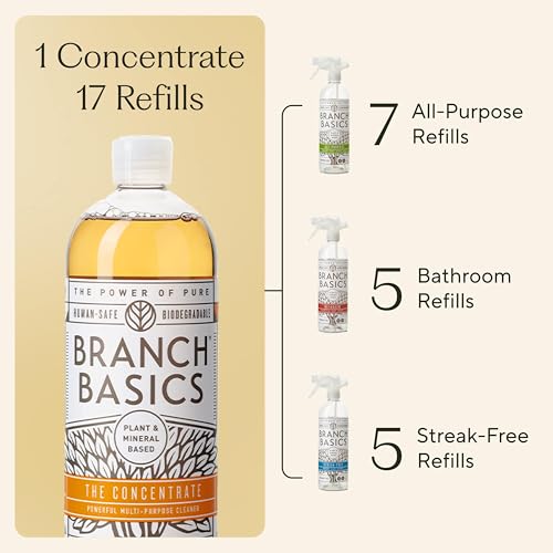 Branch Basics Cleaning Essentials Kit: All Purpose, Glass and Bathroom Cleaner - Concentrate (33.8 Oz) (17 Refills) + Refillable Plastic Spray Bottles (24 Oz) Plant Based, Human-Safe, & Fragrance Free
