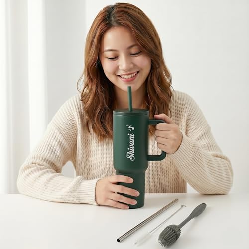 Image of Personalised 1200ml Insulated Stainless Steel Tumbler with Handle and Straw Lid - Large Travel Mug for Coffee & Water, Double Wall Vacuum Cup, Car Cupholder Friendly (Forest Green)