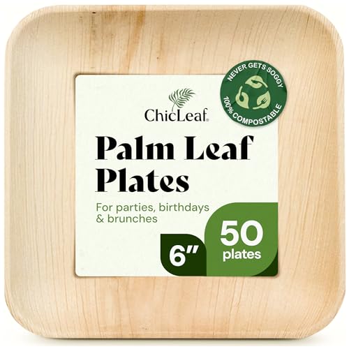 Chic Leaf Palm Leaf Compostable Plates - 6" Square, Pack of 50 - Disposable Dinnerware for Christmas Food, Rustic Bamboo Appetizer Plates - Charcuterie Boards & Biodegradable Serviceware
