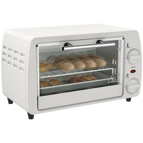 HOMCOM Mini horno 10 litros 750W Pequeño horno eléctrico con temperatura hasta 230 ℃ Temporizador 60 minutos Bandeja de horno y rejilla 36,5x26x22 cm Crema blanco