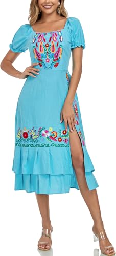 Image of YZXDORWJ Mexican Dress for Women Boho Embroidered Sexy Ruffle Maxi Dress Short Sleeve Summer Beach Wedding Party Dress