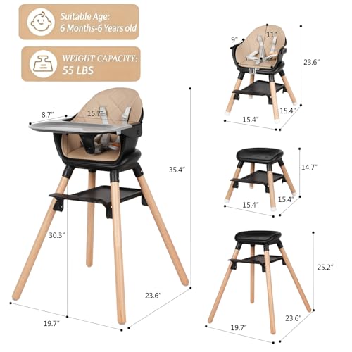 Image of 6 in 1 Baby High Chair, Convertible Wooden High Chairs, Black | Booster Seat for Babies and Toddlers, Baby Feeding Chair with 5-Point Harness, Double Removable Tray & Adjustable Footrest