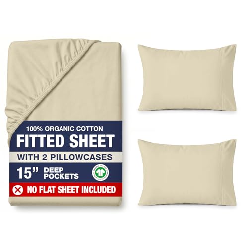 Image of LANE LINEN Fitted Sheet Full Size, 100% Organic Cotton, 3Pc Set (1 Fitted Sheet, 2 Pillowcases), Percale Weave, Full Bed Fitted Sheets, Ultra Soft, Fits Mattress Upto 15 inch Deep - Linen (No Flat Sheet)