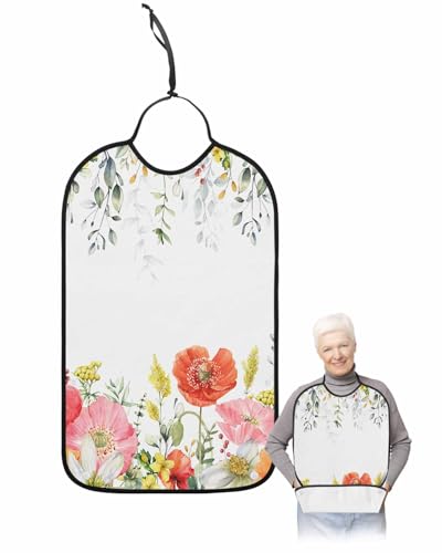 LEOKOTI Spring Floral Adult Bibs for Eating, Waterproof Bibs with Food Catcher & Adjustable Snap Closure, Elegant Summer Flowers Botanical Chic Washable Clothing Protectors Adult Bibs for Elderly