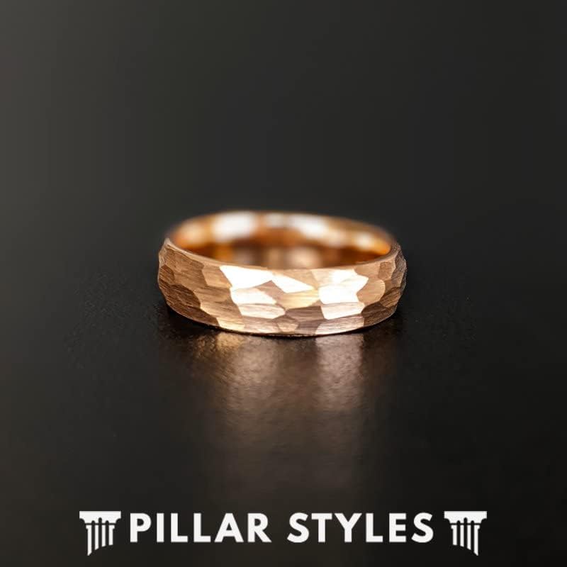 18K Rose Gold Ring Tungsten Wedding Bands Womens Ring 6mm Rose Gold Hammered Rings Thin Tungsten Rings for Men Unique Anniversary Gifts for Him