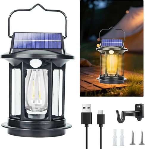 Gleazon LED ランタン ソーラーライト 超高輝度 調光 4つ知能モード【光・人感センサー&4つ知能モード】自動点灯 ソーラーランタン 和風 電球色 3Way 手持ち・壁掛け・吊り下げ 太陽光発電＆USB充電式両対応 電気代0円 屋外ウォールランプ キャンプ/アウトドア/夜釣り/庭/玄関/車中泊/停電/非常用/防犯対応 (1, JD-7808)
