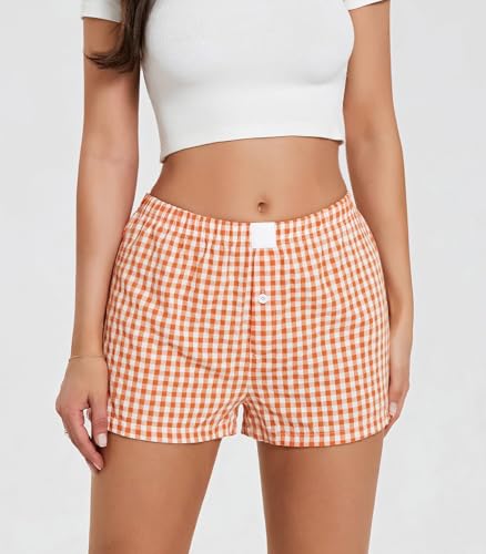 Image of Women Pajamas Shorts Y2k Elastic Waist Plaid Boxer Shorts Cute Gingham Sleep Lounge Bottoms