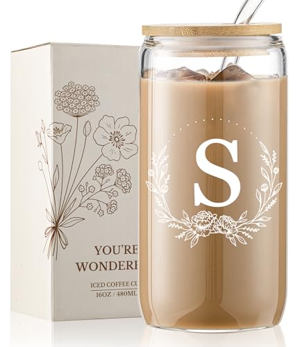 Personalized Gifts for Women, Monogrammed 16oz Glass Cups with Bamboo Lids and Straws, Customized Glass Tumbler, Cute Custom Mug, Customizable Initial Iced Coffee Glasses, Birthday Bridesmaid Mom, S