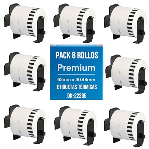8 Rollos de Etiquetas DK22205 compatible con Brother QL - Cinta Continua de Papel Térmico 62mm x 30.48metros para Impresoras QL-500 550 570 700 710W 720NW 800 810W 820NW