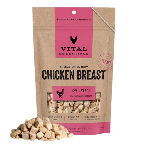Image of Vital Essentials Freeze Dried Cat Treats, Chicken Breast, 4 oz Bag | Single Ingredient, Premium Quality Protein, Grain-Free Healthy Treats, USA Made with U.S. & Globally Sourced Ingredients