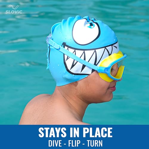 SLOVIC Swimming Cap for Kids [Shark] | Swimming Cap for Girls & Boys | Swimming Pool Caps for Kids | No Hair Pulling & Chlorine Resistant | Free Size Swimming Caps for Kids