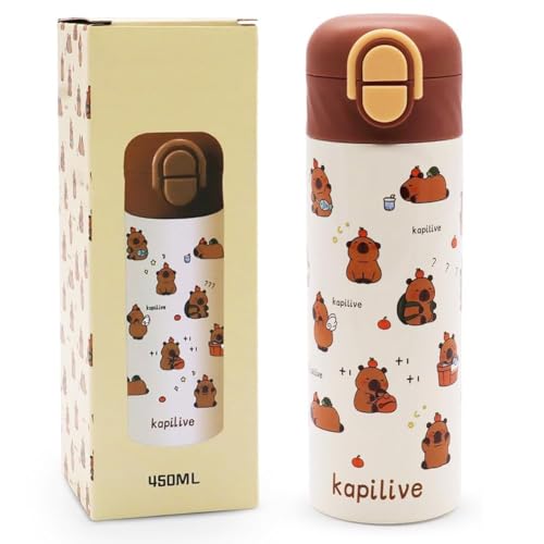 FCXVXCL Capybara Botella de Agua Isotérmica para Niños con Pajita Botella Metálica de Acero Inoxidable Aislada al Vacío sin BPA Reutilizable para la Escuela los Deportes y Jardín