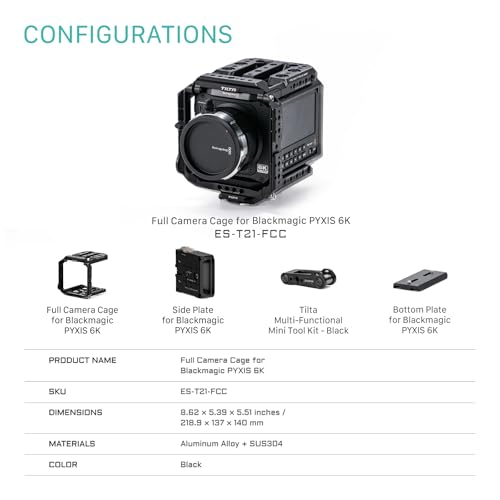 Image of Tilta Camera Modular Full Cage Compatible with Blackmagic Pyxis 6K / Pyxis 12K | Quick Release Bottom Plate | NATO Rai | Arri Rosette, Cold Shoe, SSD Mount | Multi-Thread Accessory Support