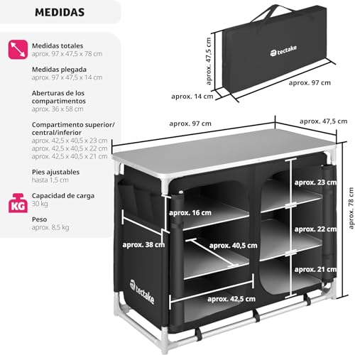 tectake® Cocina de Camping Plegable, Ligera, con Bolsa de Transporte, Accesorios de Cocina, Mesa Plegable Camping, Armario Cocina Camping, Mueble Cocina Camping, Mesa de Camping - Negro - imagen 2