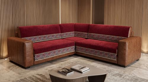 Image of KINGLY L-Shape Sofa Cover 7 Seater 4+3 Velvet Full Cover - Maroon | Fully covered quilted velvet slipcover, washable anti-slip furniture protector, L-type corner sofa cover for living room