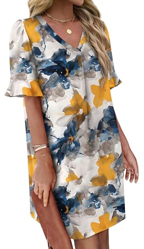 Image of OFEEFAN Summer Dresses for Women Ruffle Short Sleeve V Neck Casual Shift Dress with Pockets