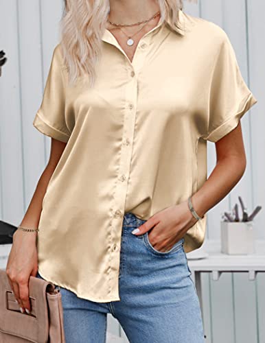 HOTOUCH Silk Button Down Shirts for Women Satin Short Sleeve V Neck Casual Work Office Blouse Tunic Tops3