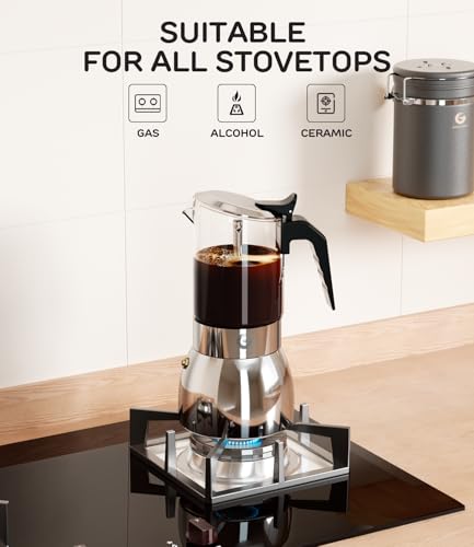 Image of Coffee Gator 9 Cup Moka Pot, 15oz Stovetop Espresso Maker, Coffee lovers | for Italian Coffee, Transparent Glass & Stainless Steel Design, Travel, Camping, Silver, 450ml