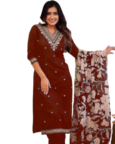 Image of Women Afghani Viscose Rayon Kurta Pant Dupatta Set with Embroidered Neck Work and Floral Print Organza Dupatta | Ethnic Straight Suit Set