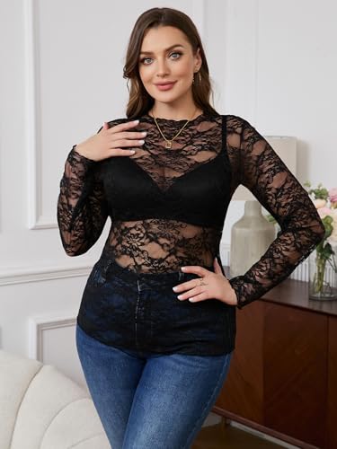 SHENHE Women's Plus Size Floral Lace Mesh Long Sleeve Sheer See Through Sexy Club Rave Crop Top4