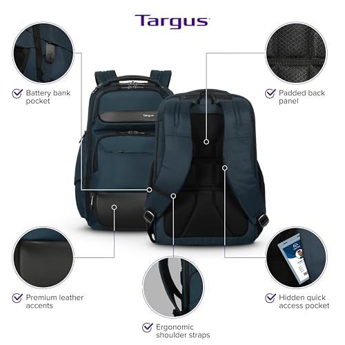 Image of Targus HeritageLuxe Backpack 15-16 inch - Blue Laptop Bag with SafeSling Protection, RFID Pocket, USB-C Charging, Tracker Slot, Eco Fabric, Leather Accents - TBB65602GL