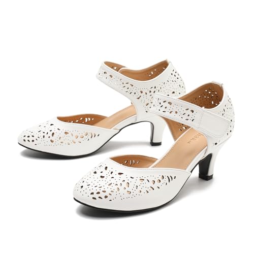 Image of Women's Comfortable Mary Jane Pumps Vintage Cutout Closed Toe Kitten Heels for Dressy Office Work
