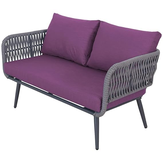 Image of LOCCUS 4-Piece Outdoor Rope Patio Furniture Set - All-Weather Waterproof Conversation Set with Cushions, Modern Woven Bistro Set for Balcony, Lawn, Garden, or Terrace (Purple)