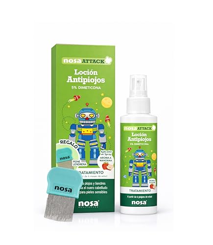 NOSA ATTACK Loción Antipiojos Infantil Manzana con Dimeticona 5% Para Piojos y Liendres Desde 6 Meses que Incluye Peine Lendrera 100 ml para Uso Familiar Cabello Suave Fácil de Peinar en Casa y Viaje