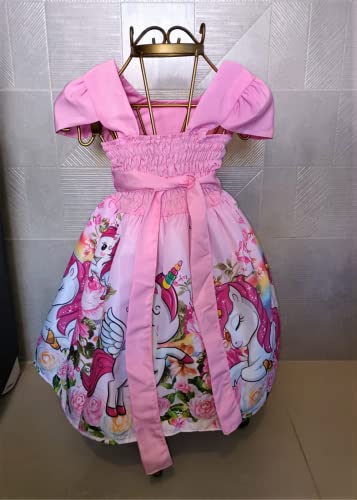 Vestido Infantil Unicórnio Temático de Festa Aniversário Tamanho:G Veste 6 a 7 Anos;Cor:Rosa