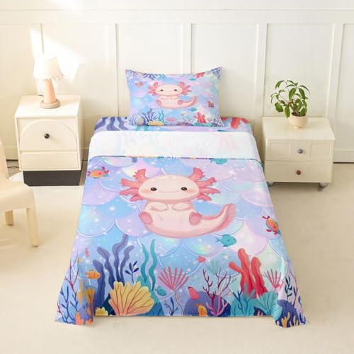 Image of jejeloiu Cute Axolotl Bed Sheets Set Twin Size Kawaii Ocean Sealife Bed Set for Kids Boys Girls Cartoon Salamander Deep Pocket Fitted Sheet Reptile Animal Breathable Soft Lightweight Microfiber