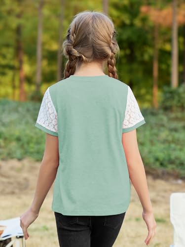 Image of GORLYA Girls Lace Sheer Sleeve Contrast T-Shirt Short Sleeve V Neck Casual Modest Tee Tops for 6-16Y