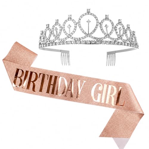 Image of Curated Cart Birthday Crown and Sash for Women Birthday Girl Sash & Rhinestone Tiara Set - Birthday Decorations Birthday Girl Crowns Tiaras for Women