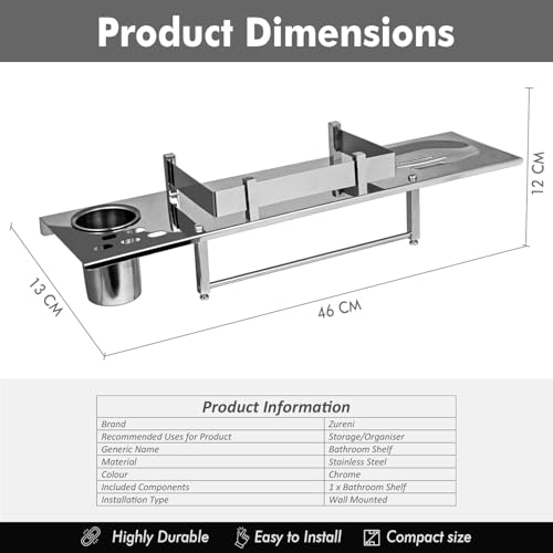 Image of Zureni 4-in-1 Shelf Rack for Bathroom 304 Grade Stainless Steel Towel Hanger Soap Dish Toothbrush Holder Multipurpose Wall Mount Accessories Storage Stand Home Washroom (1 Pc, 18 inchx5 inch, 1008)