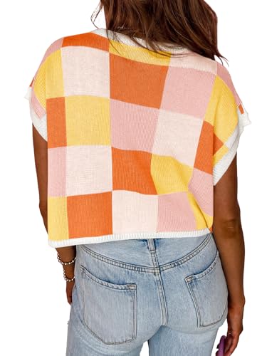 Image of Saodimallsu Womens Cap Sleeve Crop Tops Summer Color Block Going Out Crew Neck Knit Trendy Casual Sweater