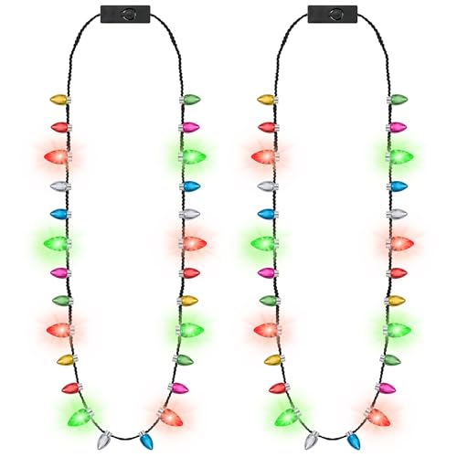 2PCS Christmas Light Necklace Light up Christmas Necklace with Colorful Bulbs 3 Glow Modes Xmas Lights Decoration Wearable Christmas Lights for Xmas Family Party Decorations Ugly Sweater Decor